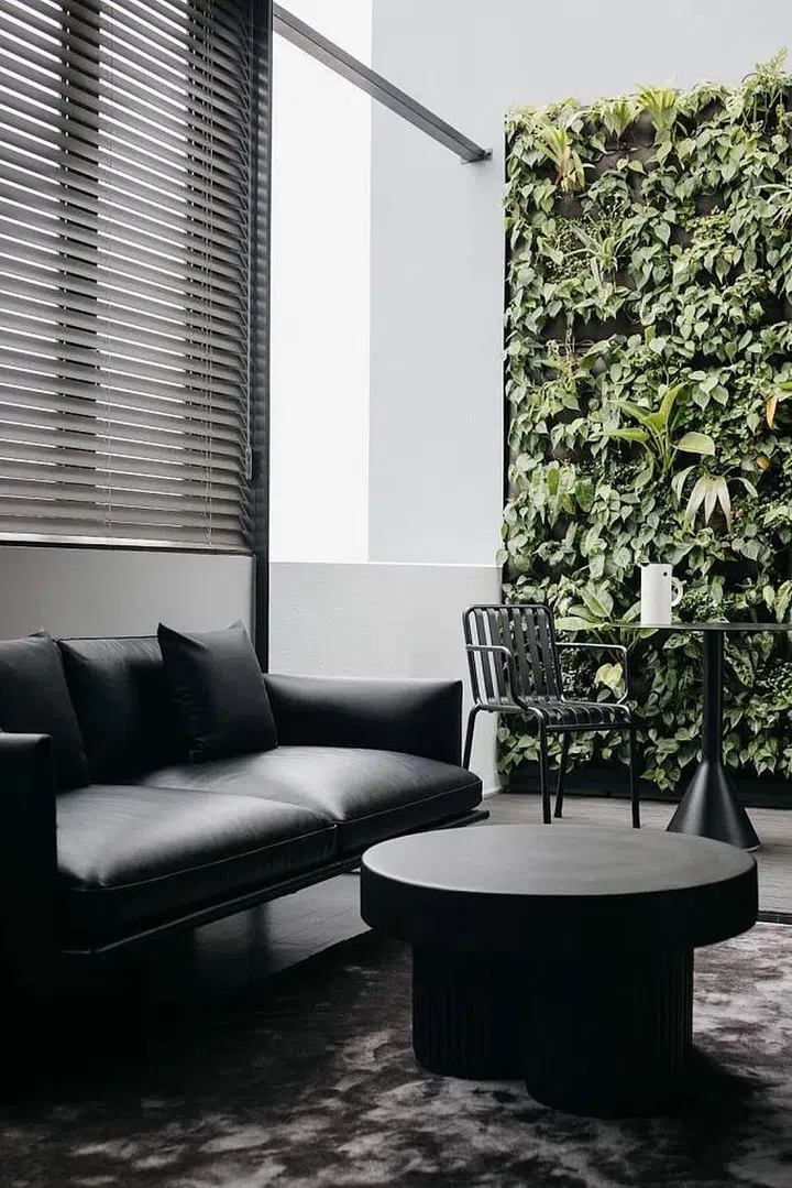The lounge area itself adjoins a roof terrace that’s open-to-sky. A lush green wall provides visual relief.