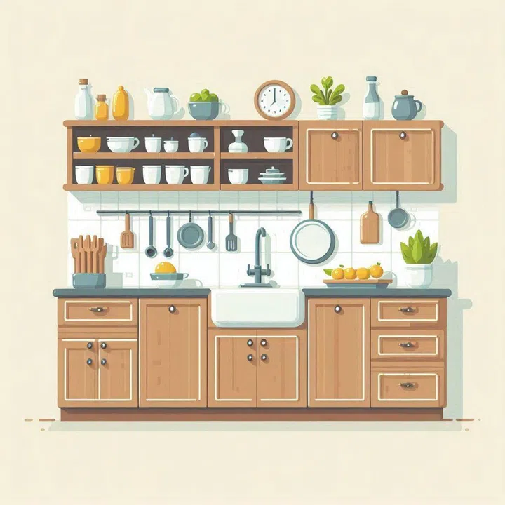 Kitchen interior with furniture and equipment. Vector illustration in retro style.