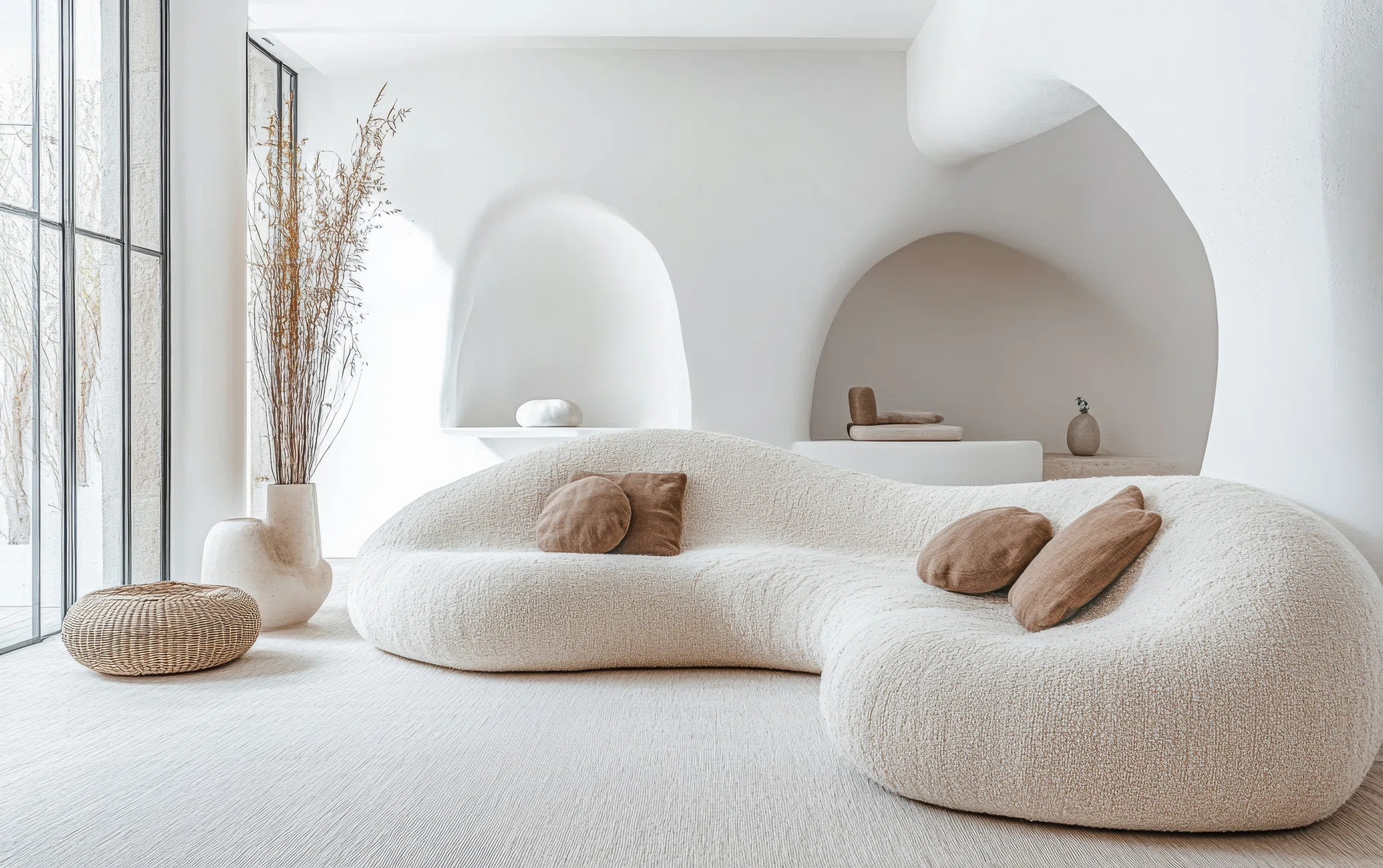 A spacious living room features a unique curved sofa adorned with soft pillows, complemented by natural decorations and large windows allowing light to flood the room.