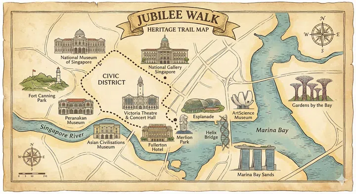 A drawing illustration of the Jubilee Walk heritage walking trail map.