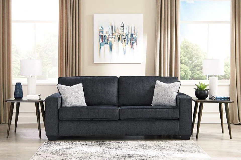 Ashley Furniture Altari Loveseat (RRP: $1,219). Dimension: L157 X D96.5 X H94 cm. High-resiliency foam cushions wrapped in thick poly fiber. 2 decorative pillows included. Pillows with soft polyfill. Polyester upholstery and pillows. Exposed feet with faux wood finish.