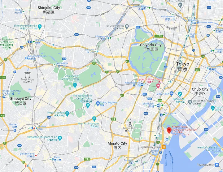Mesm Tokyo Autograph Collection is located in Minato City, Tokyo, near the Toyosu Fish Market. Map showing location of Mesm Tokyo hotel.