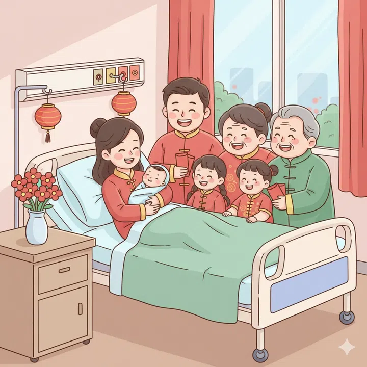 A drawing illustration of a female mother in a hospital ward and bed, with a newborn swaddled baby in her arms. there are some Chinese new year decor and red flowers by her bedside. Her family is visiting her, they are dressed in Chinese new year clothes.