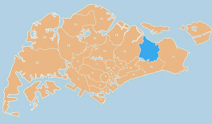 Illustrated map showing District 18 - Tampines, Pasir Ris, Simei