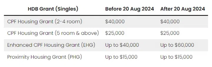 Table showing HDB grants available to singles in Singapore.