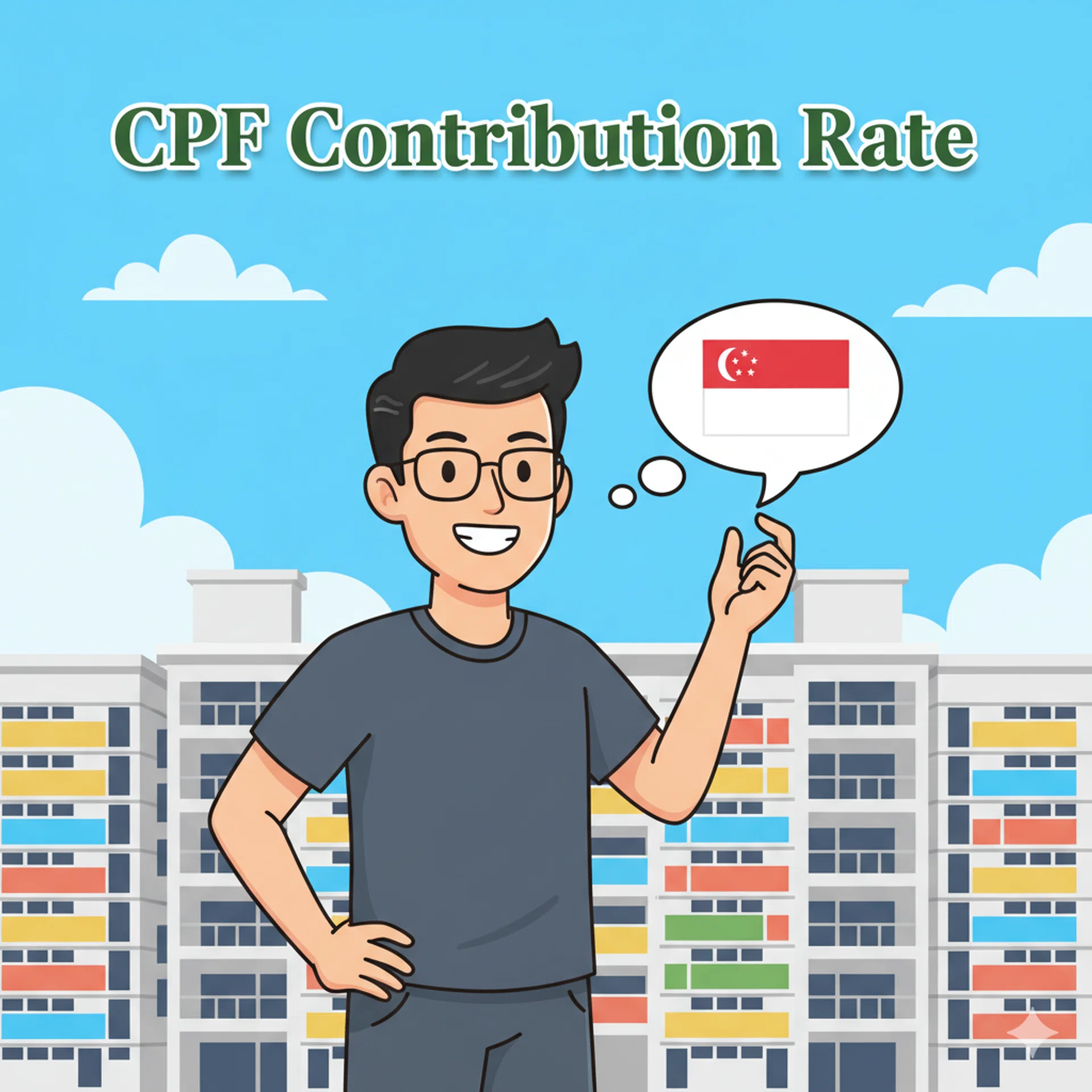 A cartoon drawing of a young singaporean man standing in front of a HDB block. With the words “CPF Contribution Rate”.
