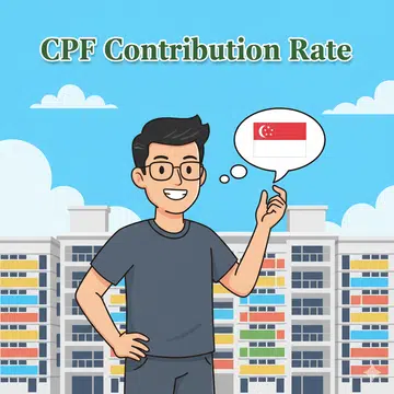 A cartoon drawing of a young singaporean man standing in front of a HDB block. With the words “CPF Contribution Rate”.