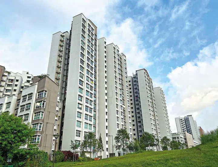 Modern Looking residential apartment (HDB) in Singapore near open field hill under cloudy blue sky