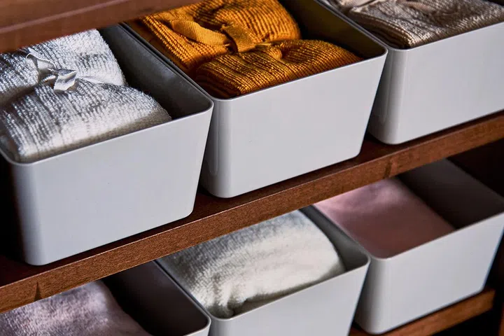 Light grey box, $1.90 each; Washcloth, 4 pieces, $3.50, all from IKEA