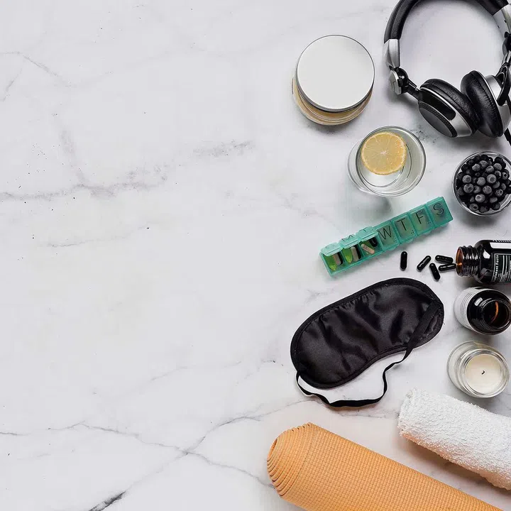 Biohacking flat lay concept. Top-down view of still life and copy space for text or design.