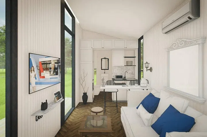 The houses are powered mainly by solar energy, and built from sustainable materials like recycled plastic and wood fibre.