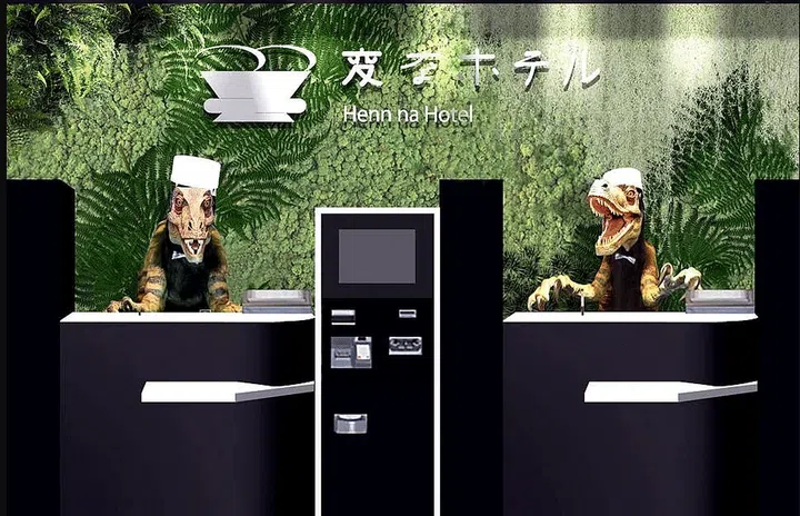 Henn na Hotel Maihama, Tokyo front desk with figurine robot dinosaurs at the concierge