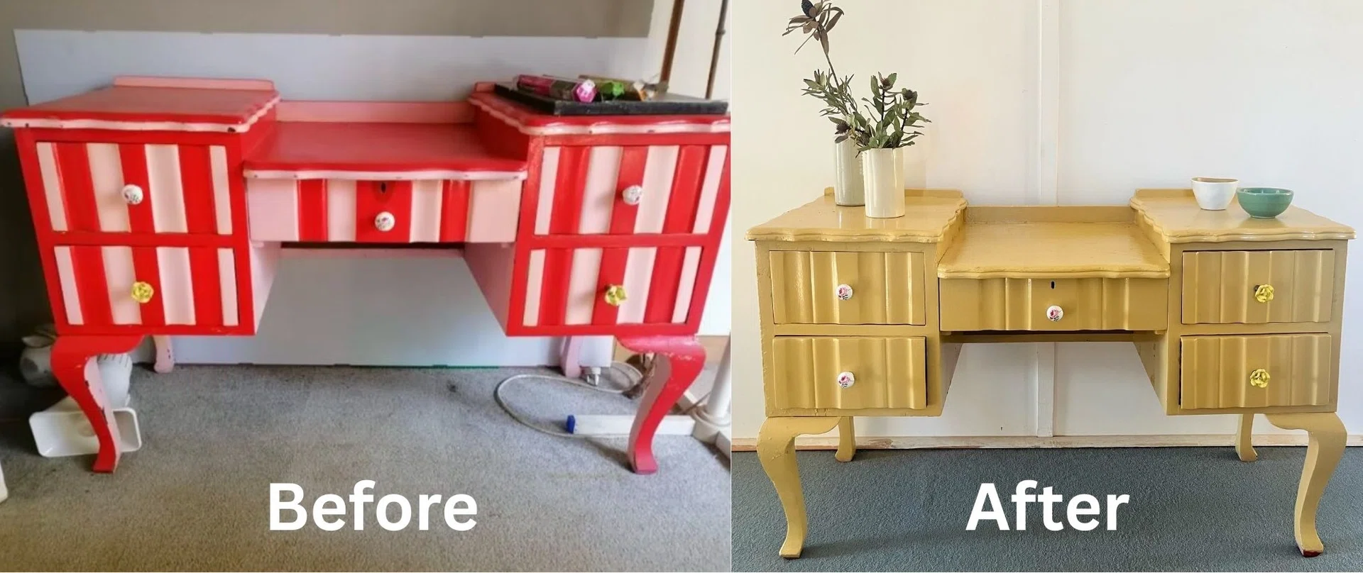 A dressing table that I purchased second-hand. On the right is the seller’s version. On the left is after I refurbished the wooden furniture item by stripping the original candy-striped coloured paint and sanding the piece down. Then repainting it a buttercorn yellow – a 2026 trending colour, and one which I’ve fallen in love with. I unscrewed and changed the drawer knobs around.