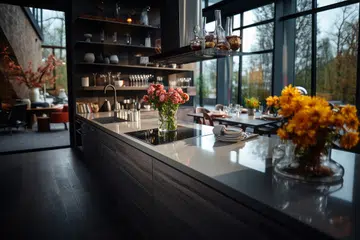 Modern gray and white kitchen with wooden shelves.