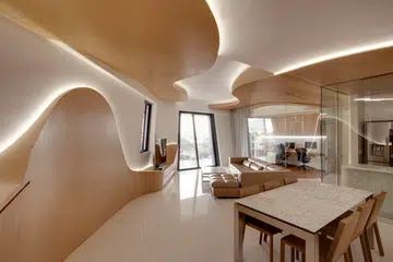 Sensuous textures, and curving movement underscore this space.