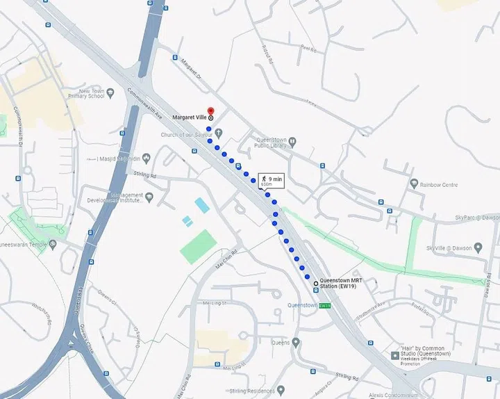 Margaret Ville condominium is an 11-minute walk from Commonwealth MRT Station, and 9 minute walk from Queenstown MRT Station. Image from Google Maps.