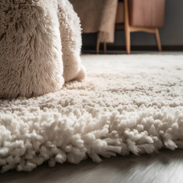 Close up of fur on carpet in living room. Cozy home concept