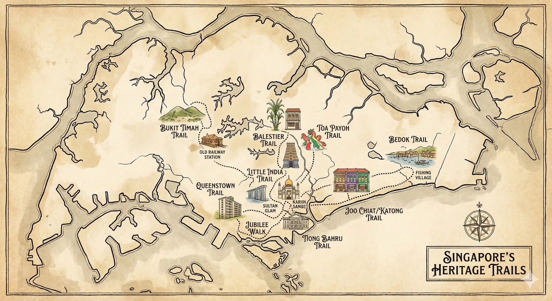 A drawing illustration of the singapore map with these heritage trails marked out.