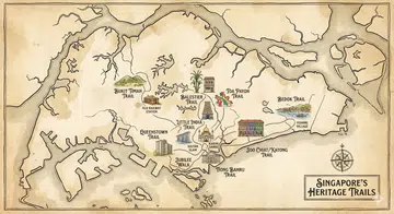 A drawing illustration of the singapore map with these heritage trails marked out.