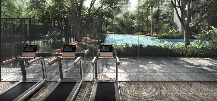 Urban Treasures condo gym overlooking the swimming pool. Image from the Urban Treasures condo official website.