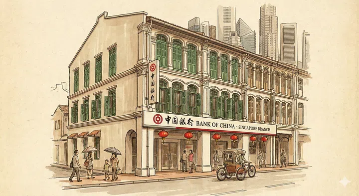 A drawing illustration of a bank of china outlet in singapore.