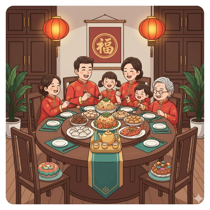 A drawing illustration of a dining table with  Emerald Green placemats or table runners and a family celebrating Chinese new year.