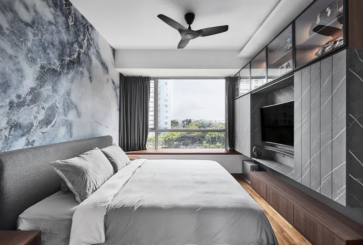 Master bedroom in a 3 plus 1 bedroom apartment in Waterfront Key condominium along Bedok Reservoir Road.