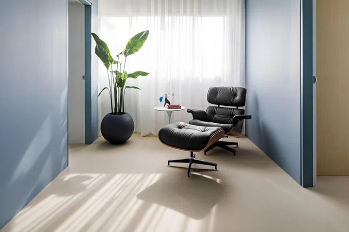 A reading corner with a lounge chair set against blue walls and an indoor house plant.