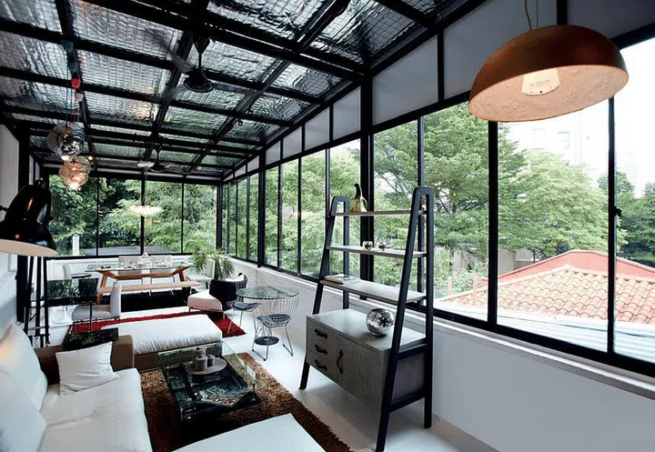 The top floor of the three-story shop houses furniture pieces from the contemporary Ark Haus brand.