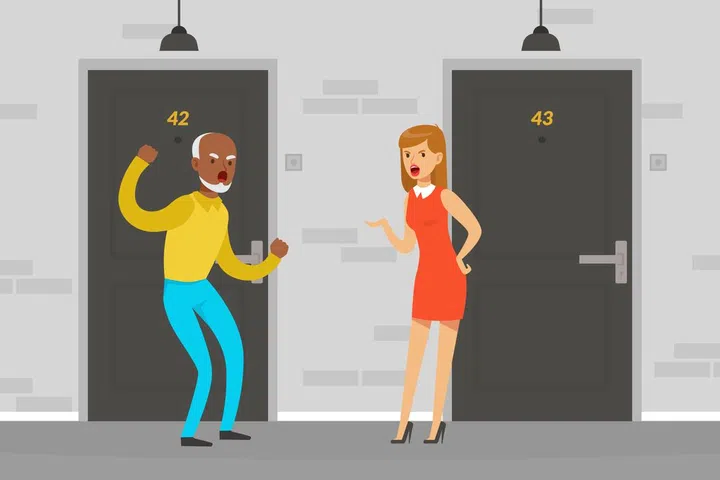 Conflict Between of Neighbours, Residents of House Quarreling and Fighting Vector Illustration.