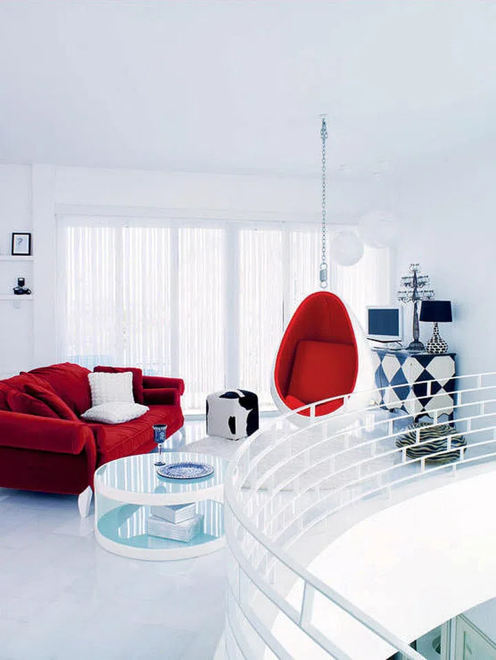 white, family room, living room, red, retro,