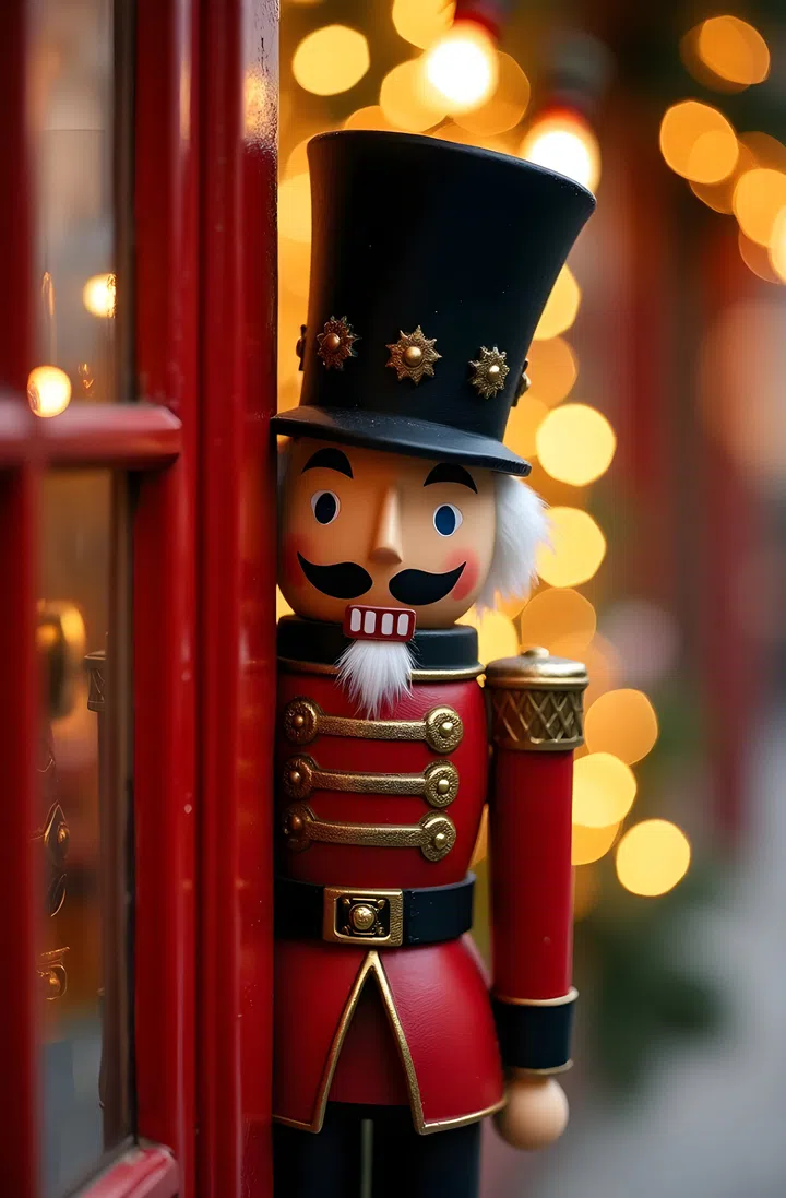Christmas nutcracker toy in front of a shop window with bokeh