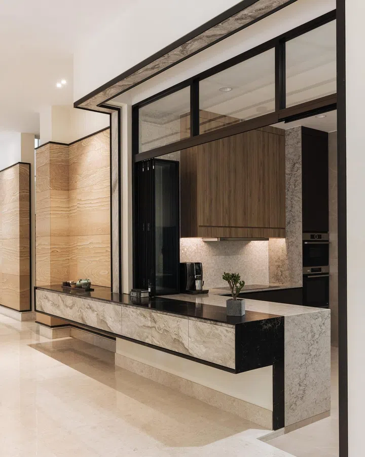 A console with drawers right outside the dry kitchen in this 6,534 sq ft semi-detached at Jalan Belibas, Upper Thomson designed by Metre Architects.