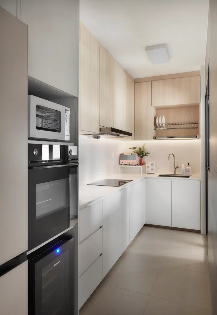The sleek galley kitchen features a recessed fridge and built-in oven, combining practicality with Karen’s love of cooking.
