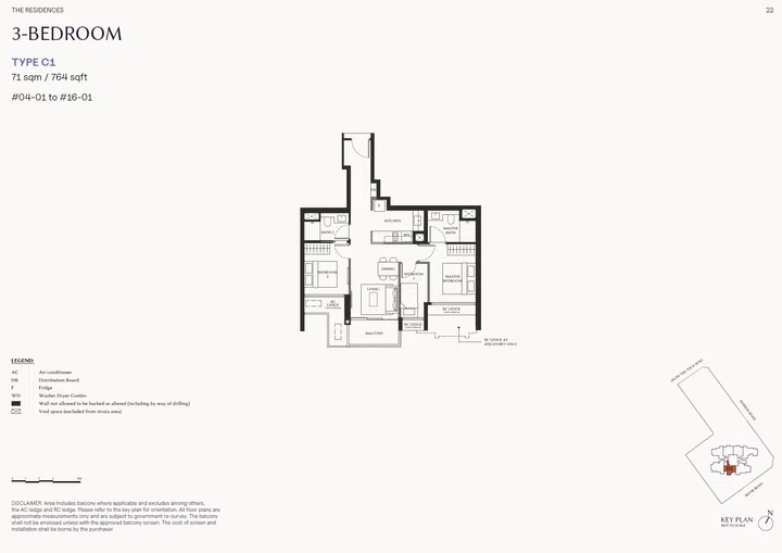 The Serra Residences 3-bedroom Type C1 (764 sqft).