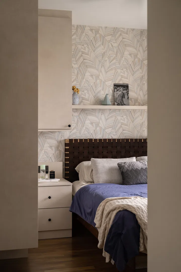 Serene sanctuary vibes with leafy wallpaper and soothing textures. Image from Studio L’arc