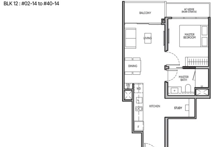 The Orie condo 1-bedroom and study (type A1s) floor plan.