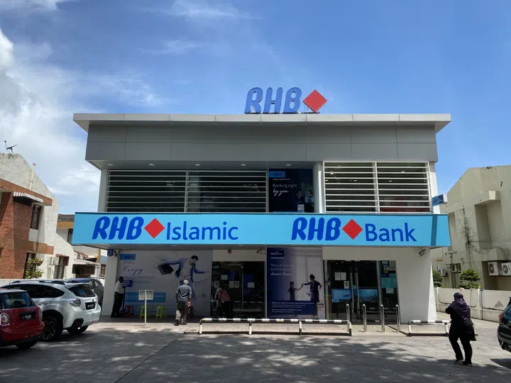 Penang, Malaysia - October 27, 2020 : External building front view of a RHB Bank financial institution branch at Pulau Tikus.