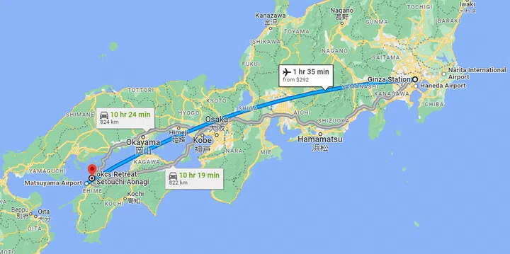 okcs Retreat Setouchi Aonagi is an hour and a half's flight from Tokyo, or 10 hours' drive. Map view of the journey