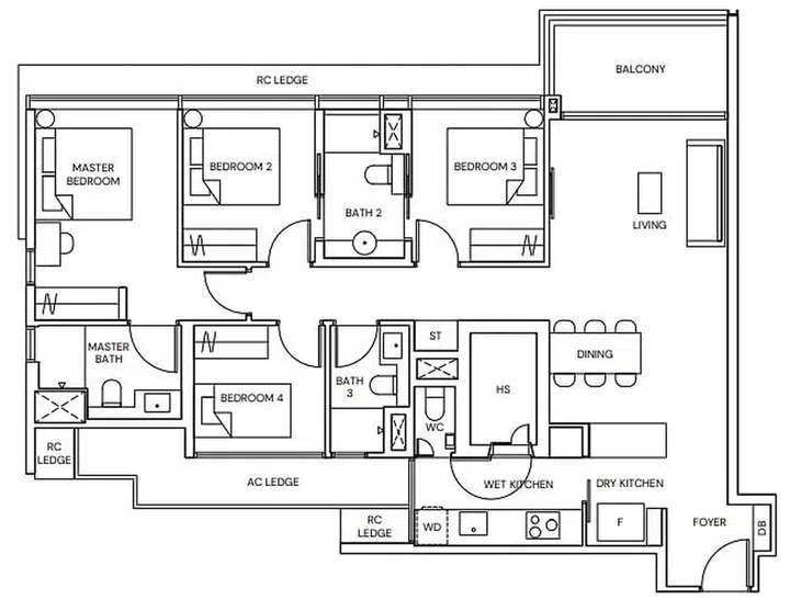 Terra Hill 4 bedroom type D1 floor plan spanning 121 sqm or 1,302 sq ft. Image from official Terra Hill website