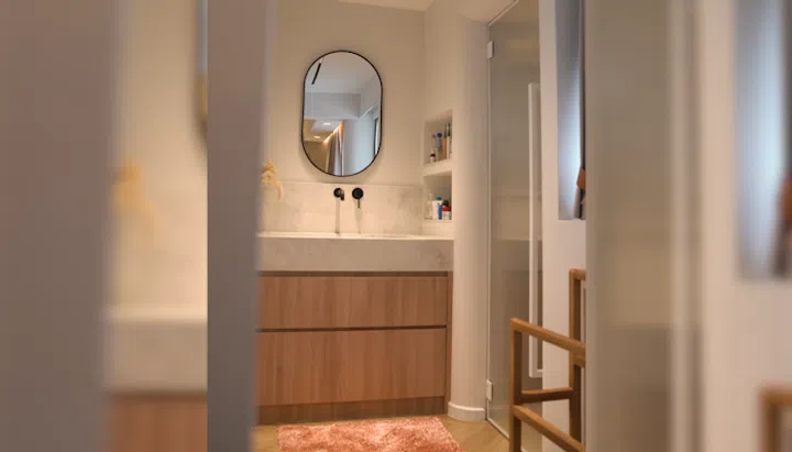 Bathroom vanity in interior designer Cedrick Law and wife Chua Tse Lyn's 4-room HDB resale flat in Bedok.