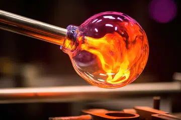 Glass blowing art and flame. Handmade glassware is produced on high fire.