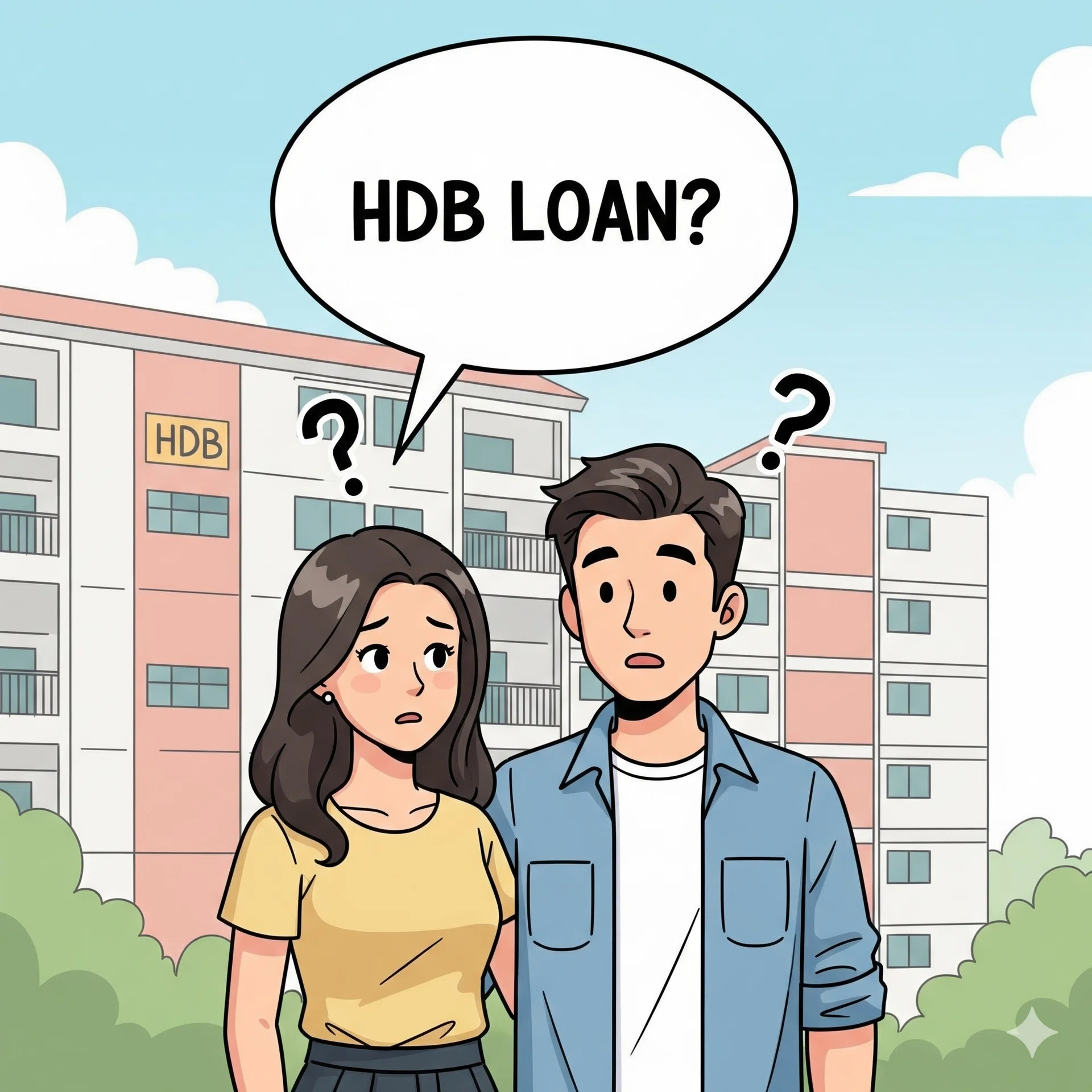 A cartoon drawing of a Singaporean couple thinking about an HDB loan.
