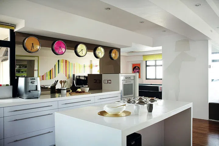Colours with colour-coded time zones are a conversation starter in the kitchen.