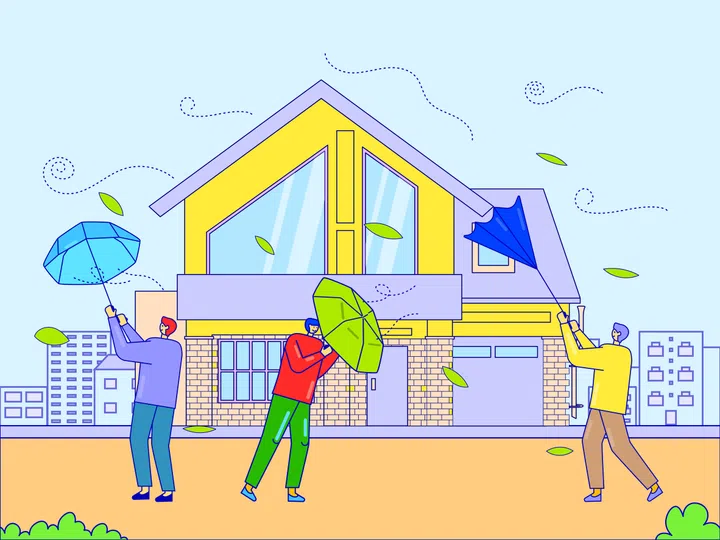 Disaster strong wind blowing on man, vector illustration. Storm weather damage characters umbrella, dangerous natural hurricane. People near house fight with seasonal disaster, flat banner.