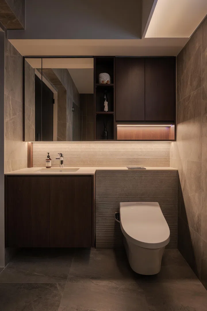 Master bathroom in a 5-room HDB BTO at Tampines Street 96 (1,216 sq ft), designed by Inizio Atelier.