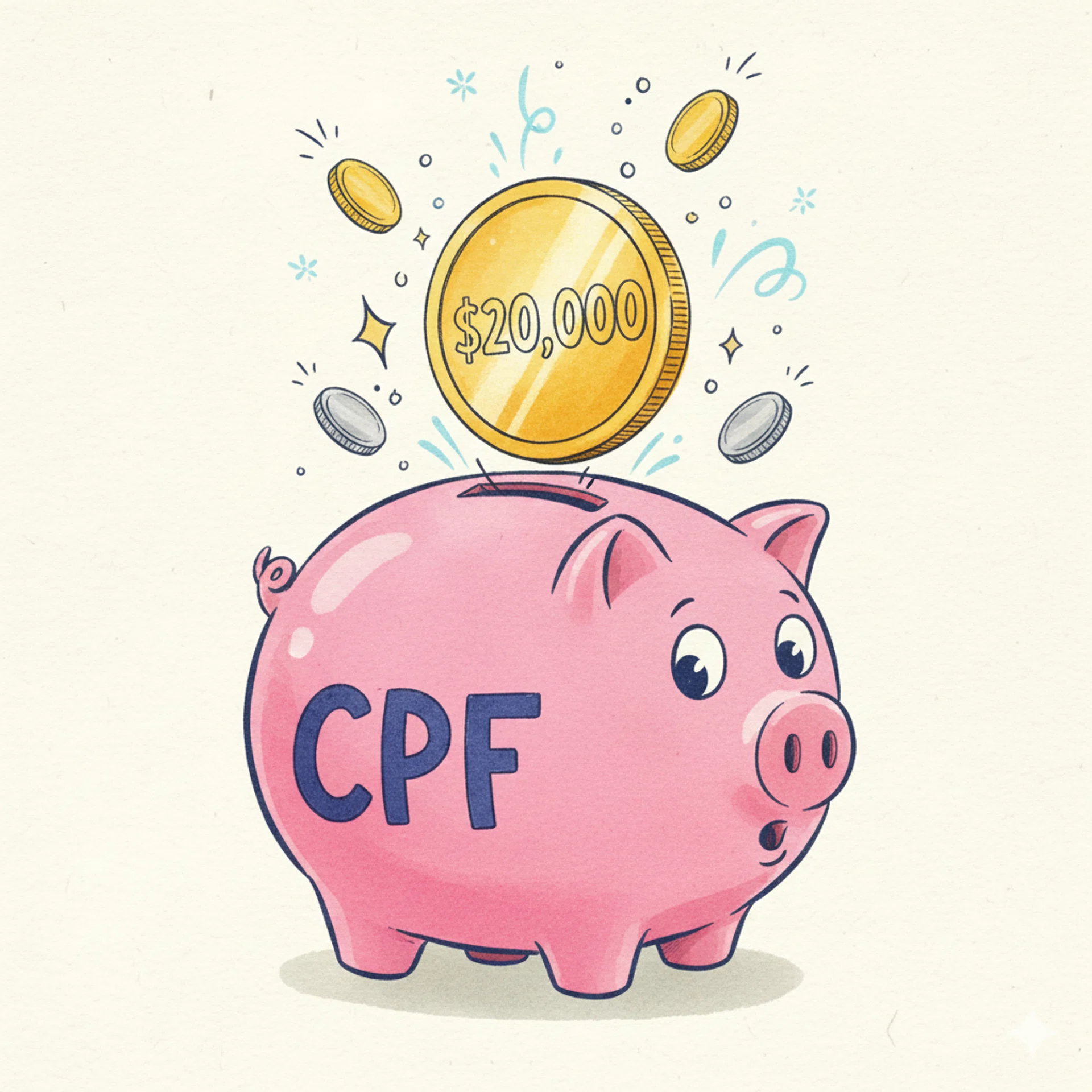 A drawing illustration of a piggy bank with “CPF” written on it, and a $20,000 coin popping out.