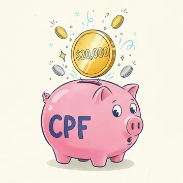 A drawing illustration of a piggy bank with “CPF” written on it, and a $20,000 coin popping out.