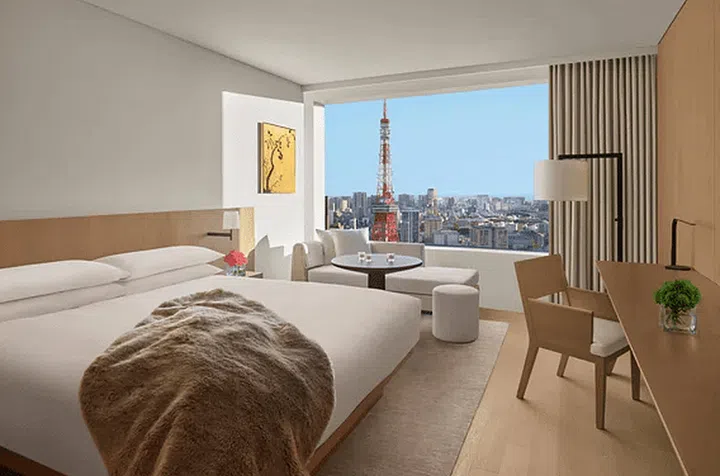The Tokyo EDITION Toranomon hotel, designed by Kengo Kuma. Bedroom view