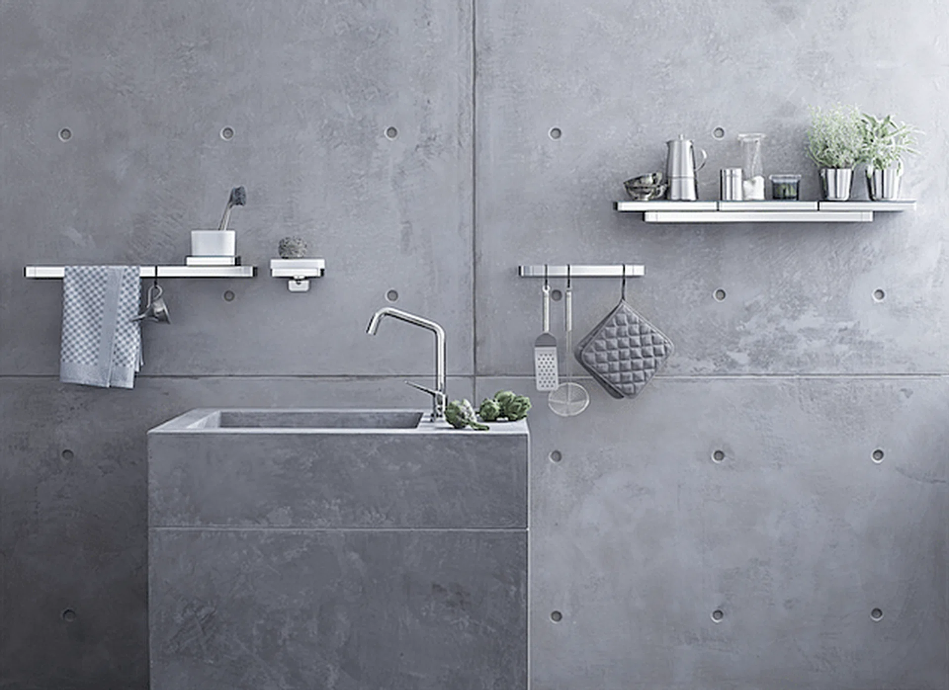 Minimalist bathroom with concrete cement screed walls. Photo by Axor.